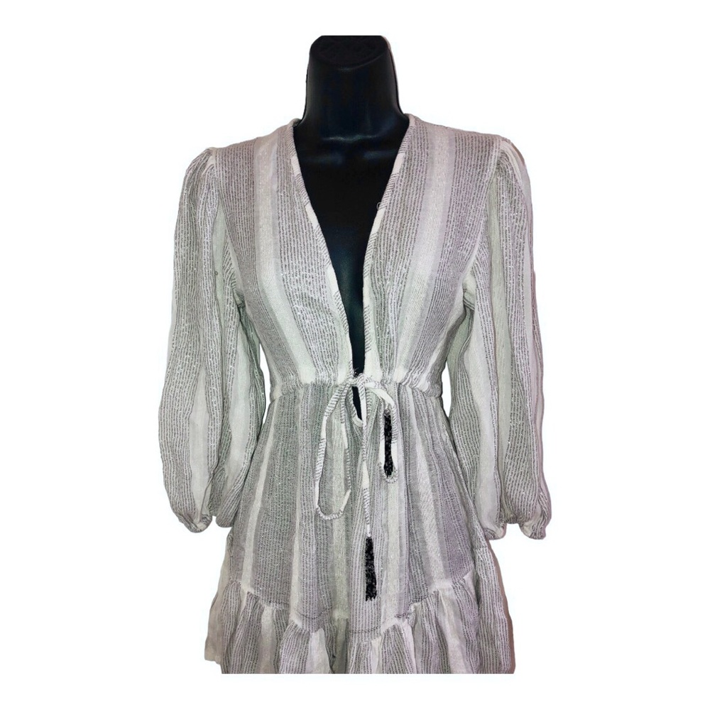 Blue Island white silver metallic low cut blouson sleeve embroidered mini dress - Picture 15 of 16